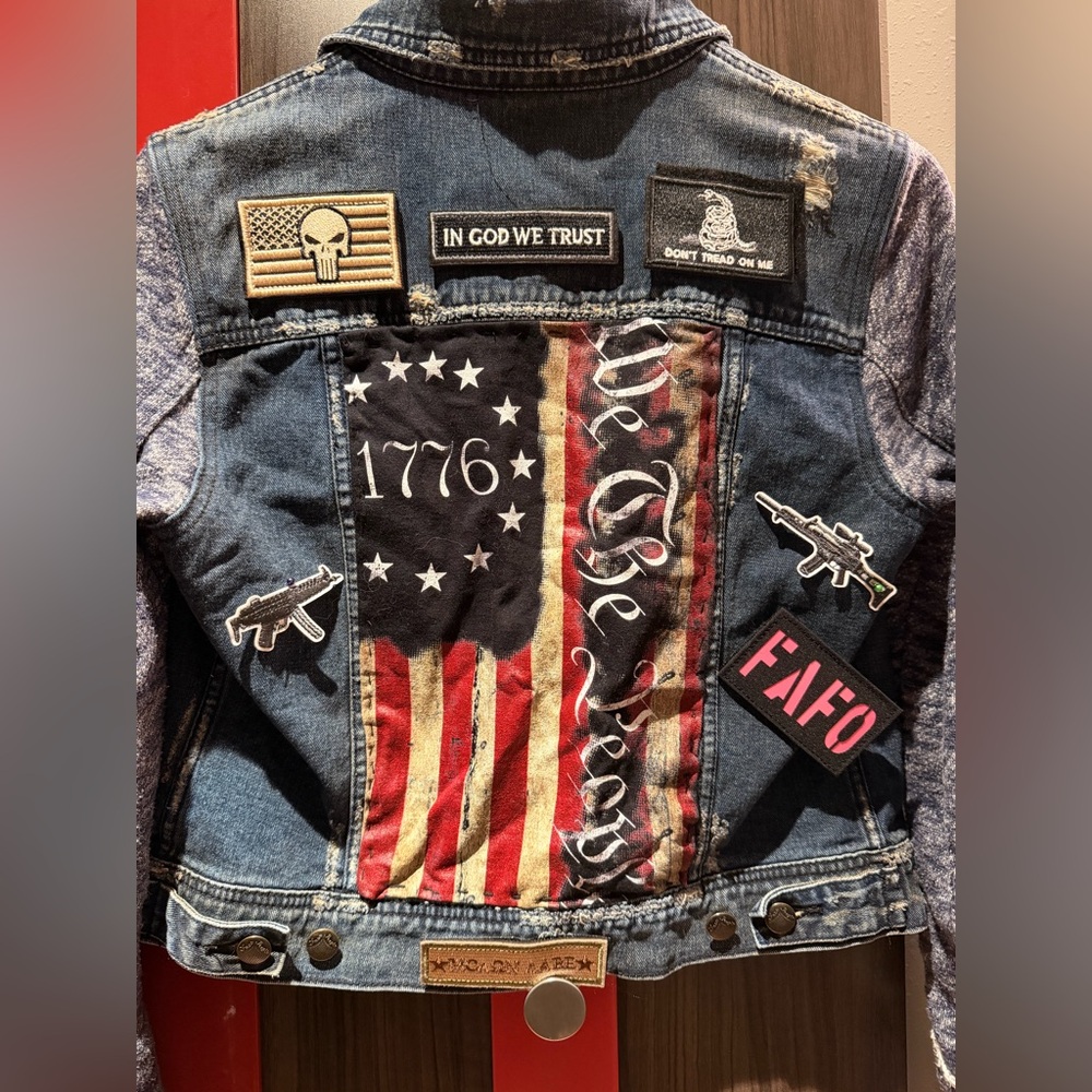 Free People Blue Jean Jacket with Patriotic Patches